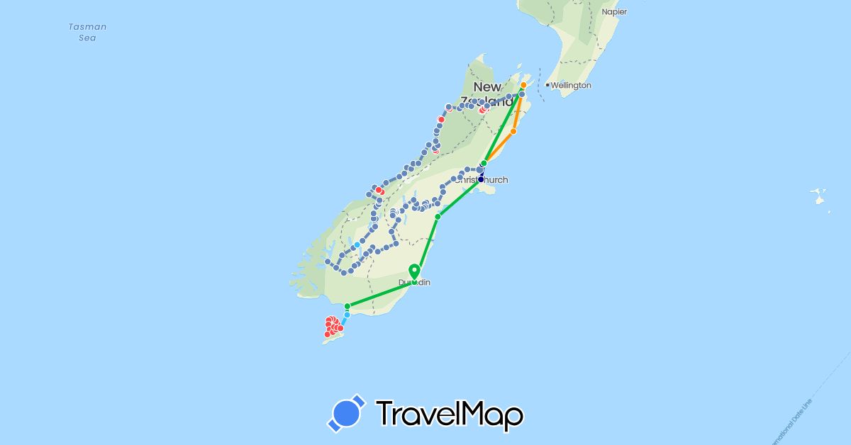 TravelMap itinerary: driving, bus, cycling, hiking, boat, hitchhiking in New Zealand (Oceania)
